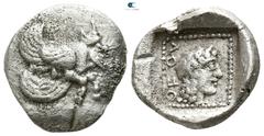 Greek Dynasts of Lycia. Uvug 470-440 BC. Tetrobol AR 13mm., 2,67g. Forepart of winged man-headed bull right / ΟFΟV; laureate head of Apollo right within dotted square border; all within incuse square.