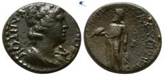 Roman Provincial Lydia. Daldis . Pseudo-autonomous issue AD 69-79. Time of Vespasian; ΤΙ- ΦΛΑ- ΥΛΑ- (Ti- Fla- Hyla-), magistrate Bronze Æ 16mm., 3,62g. ΘEON CVNKΛHTON, bareheaded and draped youthful b