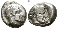 Greek Dynasts of Lycia. Vekhssere I circa 450-430 BC. Stater AR 17mm., 8,44g. Helmeted head of Athena right / Laureate head of Apollo right, diskeles to right, all within incuse square. very fine Falg