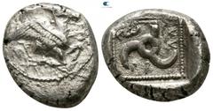 Greek Dynasts of Lycia. Uncertain mint. Kuprilli or Kubernis circa 470-440 BC. Stater AR 17mm., 8,53g. Forepart of winged goat with straight wings flying right / (KO)-ΠΡ-ΛΛ, triskeles, diskeles to upp
