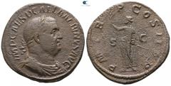 Roman Imperial Balbinus AD 238. Rome Sestertius Æ 31mm., 22,47g. IMP CAES D CAEL BALBINVS AVG, laureate, draped and cuirassed bust right / P M TR P COS II P P, emperor, togate, standing left, holding 