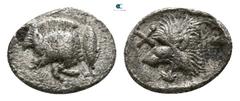 Greek Mysia. Kyzikos circa 480 BC. Tetartemorion AR 5mm., 0,19g. Forepart of boar left, tunny to right / Head of roaring lion left, star to upper left, all within incuse square. very fine Von Fritze I