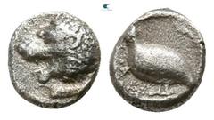 Greek Caria. Mylasa circa 420-390 BC. Tetartemorion AR 3mm., 0,25g. Forepart of lion right, head left / Bird standing left, within incuse square. very fine SNG Keckman 927; SNG Kayhan 940.