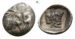 Greek Caria. Uncertain mint circa 500-450 BC. Tetartemorion AR 4mm., 0,13g. Confronted foreparts of two bulls / Forepart of bull to left within incuse square. very fine SNG Kayhan 968-70; SNG Keckman 