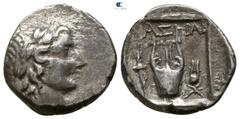 Greek Lycia. Phaselis. Lycian League circa 190-168 BC. Drachm AR 13mm., 2,48g. Laureate head of Apollo right / Kithara, hem-hem crown of Isis to right, torch to left, ΦAΣHΛI above, all within incuse s