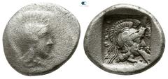 Greek Dynasts of Lycia. Uncertain mint. Possibly Khäriga (Karikas) 410 BC. Triobol AR 13mm., 1,83g. Helmeted head of Athena right / ↓↑Ρ[ΕY]A right, A-ΡΞΝA (Arñnahä, ‘of Xanthus’ ?) left; head of Athen