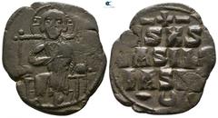 Byzantine Constantine IX Monomachus. AD 1042-1055. Anonymous follis Æ, Class D. Constantinople Follis Æ 28mm., 6,25g. IC to left, XC to right of Christ, nimbate, seated facing on throne with back, hol