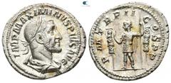 Roman Imperial Maximinus I Thrax AD 235-238. Rome Denarius AR 19mm., 3,25g. IMP MAXIMINVS PIVS AVG, laureate, draped and cuirassed bust right / P M TR P II COS P P, Maximinus standing left between two