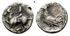Greek Troas. Dardanos circa 420-380 BC. Hemiobol AR 6mm., 0,27g. Horseman riding left / Cock standing left within incuse square. nearly very fine Cf. SNG Ashmolean 1120 (obol); cf. SNG Copenhagen 282 