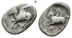 Greek Corinthia. Corinth 375-300 BC. Obol AR 13mm., 0,65g. Pegasos with curled wing striding left / Pegasos with straight wing flying left. nearly very fine BCD Corinth 196 var. (Corinth, diobol); SNG