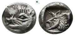 Greek Lycia. Uncertain mint. Uvug 470-440 BC. 1/6 Stater AR 8mm., 1,09g. Boar's head left / Protome of a man-headed bull facing left within incuse square. nearly extremely fine cf. Gemini, Auction VI,