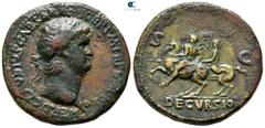 Roman Imperial Nero AD 54-68. Struck AD 62-68. Rome Sestertius Æ 36 mm., 25,59 g. NERO CLAVDIVS CAESAR [AVG] GER P M TR P IMP P P, laureate head of Nero, right, with aegis on neck / DECVRSIO, Nero, ba