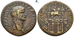 Roman Imperial Claudius AD 41-54. Rome Sestertius Æ 35 mm., 26,08 g. TI CLAVDIVS CAESAR AVG P M TR P IMP, laureate head right / NERO CLAVDIVS DRVSVS GERMAN IMP/ S-C, triumphal arch of Nero Claudius Dr