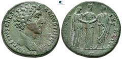 Roman Imperial Marcus Aurelius as Caesar AD 139-161. Struck AD 145. Rome Sestertius Æ 31 mm., 24,71 g. AVRELIVS CAES-AR AVG PII F COS II, bare head of Marcus Aurelius to right / VOTA PV-BLICA, S C in 