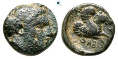Greek Mysia. Thebe (or Hypoplakia) circa 400-300 BC. Bronze Æ 9 mm., 0,82 g. Female head (Demeter ?) to right, hair bound in sakkos, and wreathed with corn ears / ΘΗΒ-A, forepart of Pegasos with curle