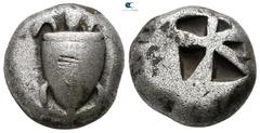 Greek Islands off Attica. Aegina circa 525-480 BC. Stater AR 19 mm., 11,78 g. Sea-turtle (chelone caouana) with plain shell, head in profile / Incuse square divided by broad bands into a conventional 