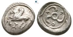 Greek Dynasts of Lycia. Uncertain mint. Kuprilli circa 470-435 BC. Diobol AR (?) 12 mm., 1,59 g. Pegasos flying left on shield, monogram below / K-O-Π, triskeles within incuse circle. very fine Cf. Mø