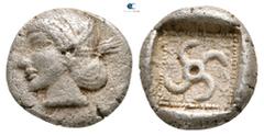 Greek Dynasts of Lycia. Uncertain mint. Teththiveibi 450-420 BC. Diobol AR 11 mm., 1,39 g. Head of Artemis left / Tetraskeles within incuse square. very fine Traité pl. XCVIII, 18; cf. SNG von Aulock 
