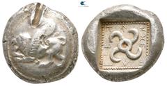 Greek Dynasts of Lycia. Uncertain mint. Teththiveibi 450-420 BC. Stater AR 18 mm., 8,43 g. Winged lion at bay left on round shield-like field / Tetraskeles within square incuse. very fine, test cut on
