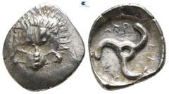 Greek Dynasts of Lycia. Uncertain mint, possibly Limyra. Perikles circa 380-360 BC. Tetrobol AR 18 mm., 2,86 g. Facing scalp of lion / Π↑Ρ-ΕΚ-Λ↑, triskeles within incuse circle. very fine Müseler VIII