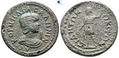 Roman Provincial Pamphylia. Side. Salonina AD 254-268. 10 Assaria Æ 30 mm., 18,95 g. KOPNHΛIA CAΛΩNIN-A CЄ, draped bust right, wearing stephane, I (mark of value) before / CIΔHTΩN NЄΩKOPΩN, Apollo sta