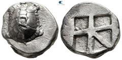 Greek Islands off Attica. Aegina 456-430 BC. Stater AR 20 mm., 12,28 g. Land tortoise with segmented shell; c/m: shell and cicade / Large square incuse with skew pattern. good very fine, high relief M