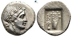 Greek Lycia. Kragos. Lycian League circa 48-20 BC. Hemidrachm AR 16 mm., 1,83 g. Laureate head of Apollo right, [below Λ-Υ] / Kithara, in left field eagle or raven on omphalos; K-P across fields; all 