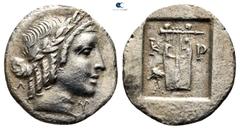 Greek Lycia. Kragos. Lycian League circa 35-27 BC. Hemidrachm AR 15 mm., 1,39 g. Laureate head of Apollo right, Λ behind, Y before / Kithara, K-P across upper fields, filetted branch (?) in lower left