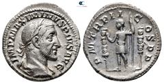 Roman Imperial Maximinus I Thrax AD 235-238. Rome Denarius AR 19 mm., 3,05 g. IMP MAXIMINVS PIVS AVG, laureate, draped, and cuirassed bust right / P M TR P II COS P P, Maximinus standing left between 
