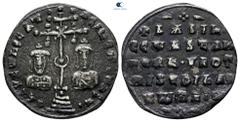 Byzantine Basil II Bulgaroktonos, with Constantine VIII AD 976-1025. Constantinople Miliaresion AR 21 mm., 1,89 g. ЄҺ TUVTω ҺICAT' baSILЄI C CωҺST' Cross crosslet with central X and pellet-in-crescent