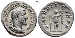 Roman Imperial Maximinus I Thrax AD 235-238. Rome Denarius AR 20 mm, 3,31 g IMP MAXIMINVS PIVS AVG, laureate, draped and cuirassed bust right / P M TR P II COS P P, Maximinus standing left between two