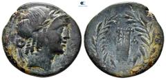 Greek Lycia. Masikytes. Lycian League circa 23-18 BC. Bronze Æ 23 mm, 5,64 g Laureate head of Apollo right, Λ-Υ / Lyre, M-A, within wreath. nearly very fine Troxell 202; RPC I 3321; SNG v. Aulock 4345
