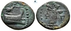 Greek Lycia. Phaselis circa 190-167 BC. Bronze Æ 19 mm, 2,68 g Prow right, above, crowning Nike flying right / Φ-Γ, Athena advancing right, brandishing spear and holding shield. very fine SNG Copenhag