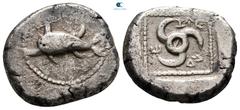 Greek Dynasts of Lycia. Uncertain mint. Khäriga (Karikas) (?) 450-410 BC. Stater AR 20 mm, 9,70 g Dolphin to left within dotted border / ↑Δ Ε Ρ↑[..]; triskeles. very fine Falghera -; SNG Copenhagen Su
