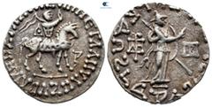 Greek Indo-Skythians. Azes 58-12 BC. Tetradrachm AR 24 mm, 9,44 g Azes on horseback right, holding whip, no in Kharosthi to right / Athen standing right, extending hand and holding spear and shield, m