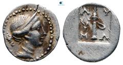 Greek Lycia. Lykian League, Masikytes circa 48-27 BC. 1/4 Drachm AR 12 mm, 1,18 g Diademed and draped bust of Artemis right, bow and quiver over her shoulder / Λ-Y M-A, quiver; to left facing head of 