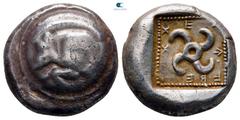 Greek Dynasts of Lycia. Teththiveibi circa 450-420 BC. Stater AR 18 mm, 8,43 g Forepart of boar on round shield / Tetraskeles, T↑XXEF↑EBE around, within dotted border within incuse square. very fine T