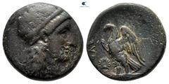 Greek Ptolemaic Kingdom of Egypt . Paphos. Ptolemy I Soter (As satrap) 323-305 BC. Hemiobol Æ 16 mm, 3,89 g Head of Aphrodite Paphia right, wearing tainia / [ΠΤ]ΟΛΕ, eagle standing left with wings spr