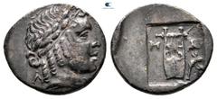 Roman Provincial Lycia. Lycian League. Masikytes circa 42 BC. Hemidrachm AR 14 mm, 1,96 g Λ-[Y], laureate head of Apollo right / M-A, lyre, filleted branch to right, all within incuse square. very fin