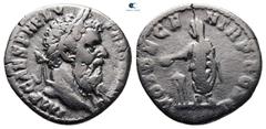 Roman Imperial Pertinax AD 193-193. Rome Denarius AR 16 mm, 2,75 g IMP CAES P HELV P[ERTIN AVG], laureate head right / VOT DECEN TR P [COS II], Pertinax standing left, sacrificing with patera over tri