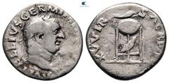 Roman Imperial Vitellius AD 69. Rome Denarius AR 18 mm, 2,75 g A VITELLIVS GERM IMP [...], laureate head of Vitellius to right / XV VIR SACR F[...], tripod with covered vessel, above, dolphin to right