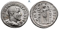 Roman Imperial Maximinus I Thrax AD 235-238. Rome Denarius AR 20 mm, 3,00 g IMP MAXIMINVS PIVS AVG, laureate, draped, and cuirassed bust right / P M TR P II COS P P, Maximinus standing left between tw