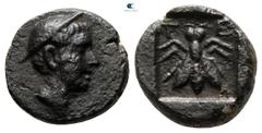 Greek Lycia. Telmessos circa 200-100 BC. Bronze Æ 11 mm, 1,68 g Head of Hermes to right, wearing petasos / T-E, bee; all within incuse square very fine BMC 2; SNG Copenhagen 135.