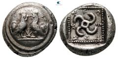 Greek Dynasts of Lycia. Teththiveibi 450-420 BC. Tetrobol AR 12 mm, 2,59 g Two cockerels facing one another on a round shield / Tetraskeles in dotted square. very fine Cf. SNG von Aulock 4158 (Stater)