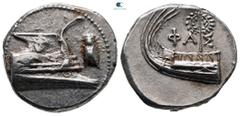 Greek Lycia. Phaselis circa 400-300 BC. Stater AR 23 mm, 10,40 g Prow of galley right, decorated with gorgoneion. Control: Upward cicada to right / ΦΑΣ, stern of galley left, with wreath hanging from 