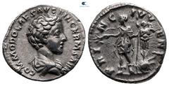Roman Imperial Commodus AD 177-192. Rome Denarius AR 19 mm, 3,24 g COMMODO CAES AVG FIL GERM SARM, bare head right / PRINC IVVENT, Commodus standing left, holding branch and sceptre; to right, trophy 