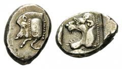 LYCIA. uncertain Dynasts, c. 500-440 BC. Stater (Silver, 15-21mm, 9.51 g 3), c. 480. Forepart of wild boar to left. Rev. Lion’s head with open jaws to left; all within incuse square bordered by dots. 