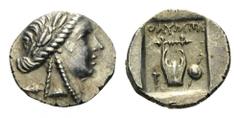 LYCIA, Olympos. Circa 167-100 BC. Hemidrachm (Silver, 15mm, 2.00 g 1). Laureate head of Apollo to right. Rev. OΛYMΠΗ Lyre; to left, torch; to right, sword and shield. Troxell, Lycian League, 51. About