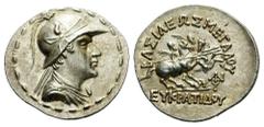 BAKTRIA, Greco-Baktrian Kingdom. Eukratides I, c. 170-145 BC. Tetradrachm (Silver, 34mm, 16.99 g 12). Diademed and draped bust of Eukratides to right, wearing Macedonian helmet adorned with bull’s hor