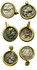 Lot of three ancient silver coins mounted as pendants. 1. Corinth, c. 345-307 BC. Stater (Silver, 25mm, 16.33g 9). Ϙ Pegasus flying left with pointed wing. Rev. Head of Aphrodite to left, wearing pear